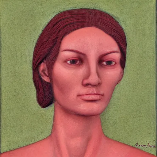 Image similar to sculpture of a woman's face in profile. She has high cheekbones, a strong jawline, and her hair is pulled back away from her face. She stares out at the viewer with a slight smile, her eyes half-lidded and her lips parted. There is a sense of calm and serenity about her. pastel red by Andrea Kowch robust
