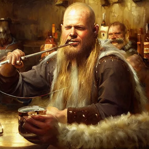 Image similar to a beautiful painting of a viking drinking in a tavern, by raymond swanland, featured on artstattion