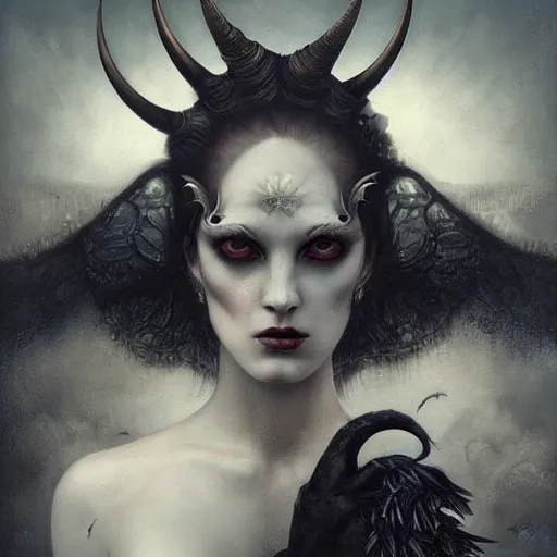 Prompt: By Tom Bagshaw, ultra realist soft painting portrait of curiosities carnival by night, very beautiful horned single zynoid gothic fully dressed fading, symmetry accurate features, very intricate details, ominous sky, black and white, volumetric light clouds