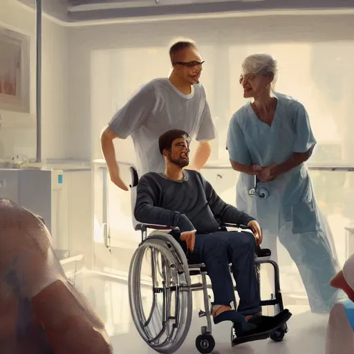 Prompt: a male patient in a wheelchair in the hospital with his wife and son standing by. happy, cheerful, smiling, intricate, sharp focus, artstation, cinematic, 8 k, art by greg rutkowski