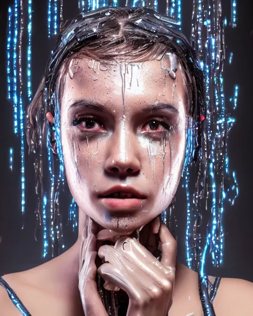 Image similar to photo of female dancer as a cyberpunk mecha humanoid robotic head shoulder parts with straight bright led lights, under heavy rain, wet skin with water dripping down face, ultra - realistic and detailed, 8 k