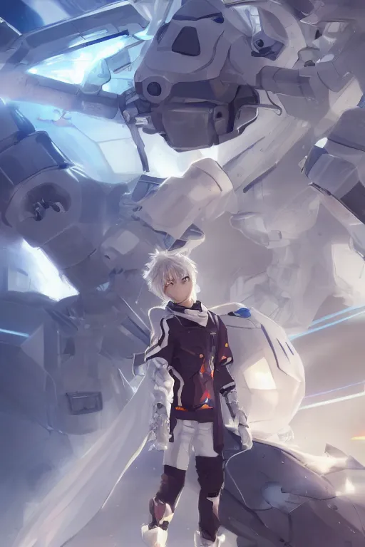 Image similar to anime teen guy with short wavy white hair wearing white clothes with short cape surrounded by circular mech drones, wlop, concept art, digital painting, trending on artstation, highly detailed, epic composition, 8 k uhd