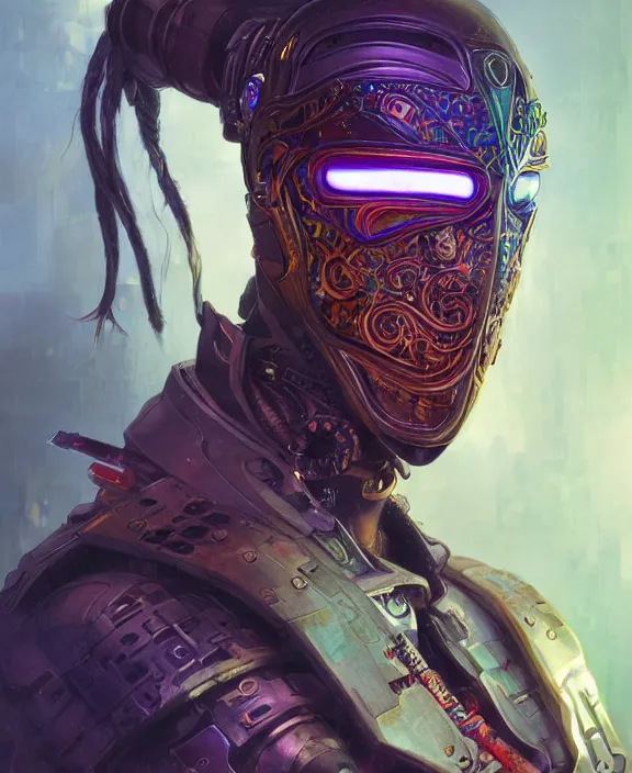 Image similar to portrait of a cyberpunk masked warrior, half body, glowin eyes, d & d, fantasy, intricate, elegant, highly detailed, colorful, vivid color, digital painting, artstation, concept art, art by artgerm and greg rutkowski and alphonse mucha and ruan jia