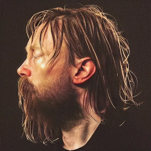 Prompt: “Thom Yorke’s face in profile, short beard, made of flowers, in the style of the Dutch masters, dark and moody”