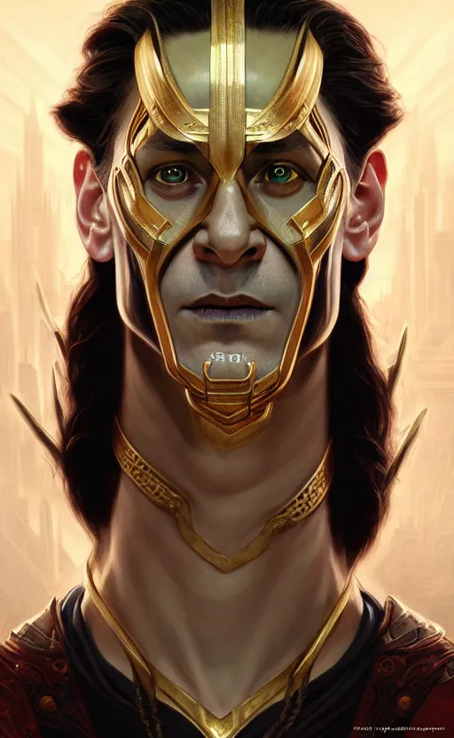 Image similar to symmetry!! intense portrait of loki in the style of god of war, machine parts embedded into face, intricate, elegant, highly detailed, digital painting, artstation, concept art, smooth, sharp focus, illustration, art by artgerm and greg rutkowski and alphonse mucha, 8 k