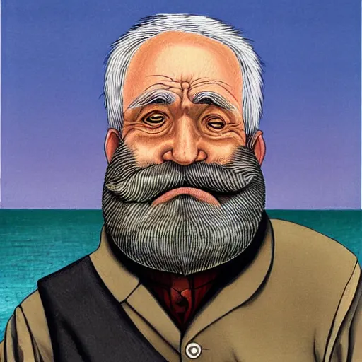 Image similar to old man with a beard full of fish, harbour background, lowbrow surrealistic, in the style of mark ryden,