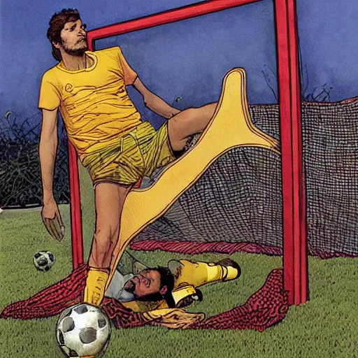 Prompt: a man laying on his back, a soccer goal behind him, a soccer in the net. Epic portrait by james gurney and mœbius.