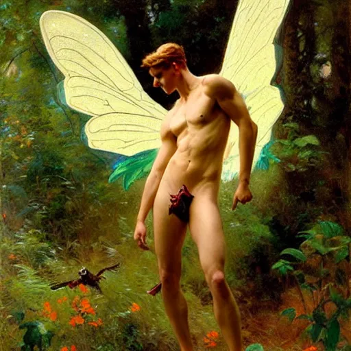 Image similar to attractive male fairy with wings in the forest, posing. highly detailed painting by gaston bussiere, craig mullins, j. c. leyendecker, 8 k