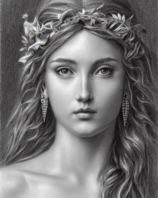 Image similar to pencil drawing of a beautiful greek goddess aphrodite wearing a laurel wreath and arrowhead earrings, beautiful confident eyes, beautiful flowing hair, hyper realistic face, in the style of greg rutkowski, fantasy, amazing detail, epic, elegant, smooth, sharp focus, from the front, long shot