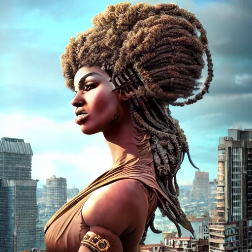 Image similar to a colossal goddess from above, creative, brown skin, giant, digital art, in the city, in town, highly detailed, photo manipulation, up there, fire hair, digital painting, smoke, artstation