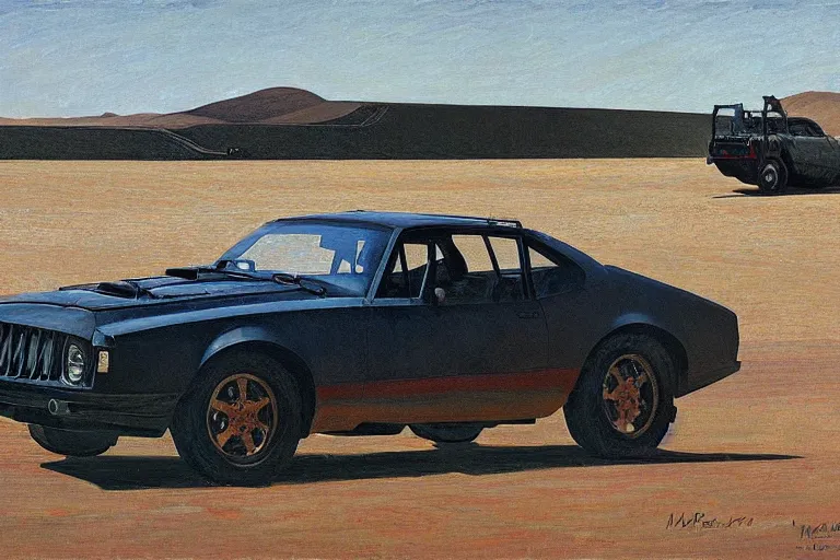 Image similar to mad max's pursuit special, the last v 8 interceptor, grant wood, pj crook, edward hopper, oil on canvas