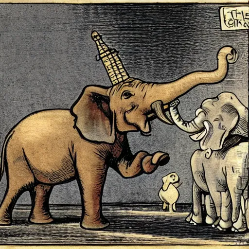 Prompt: a political cartoon of an elephant aggressively berating a donkey.