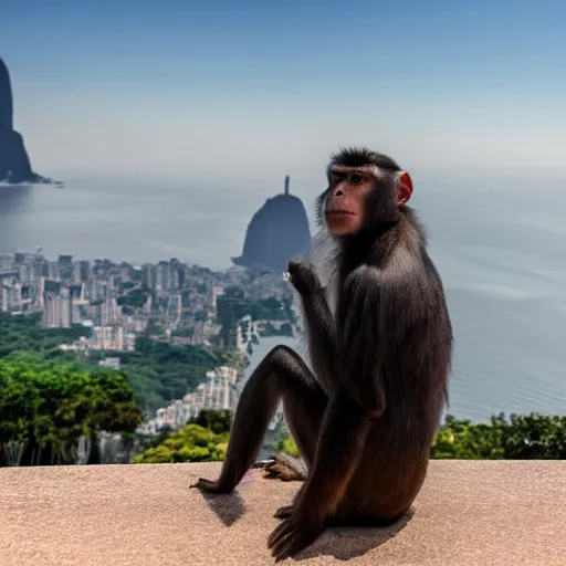 Image similar to high quality portrait of a monkey in front of Christ The Redeemer Statue, studio photograph, photograph, realistic photo, 8k photo, 4k photo, stock photo, high resolution, cinematic shot, high detail