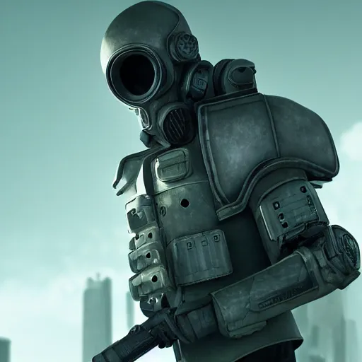 Image similar to a heavily armored soldier wearing a gasmask, cyberpunk, realistic octane render, high detail