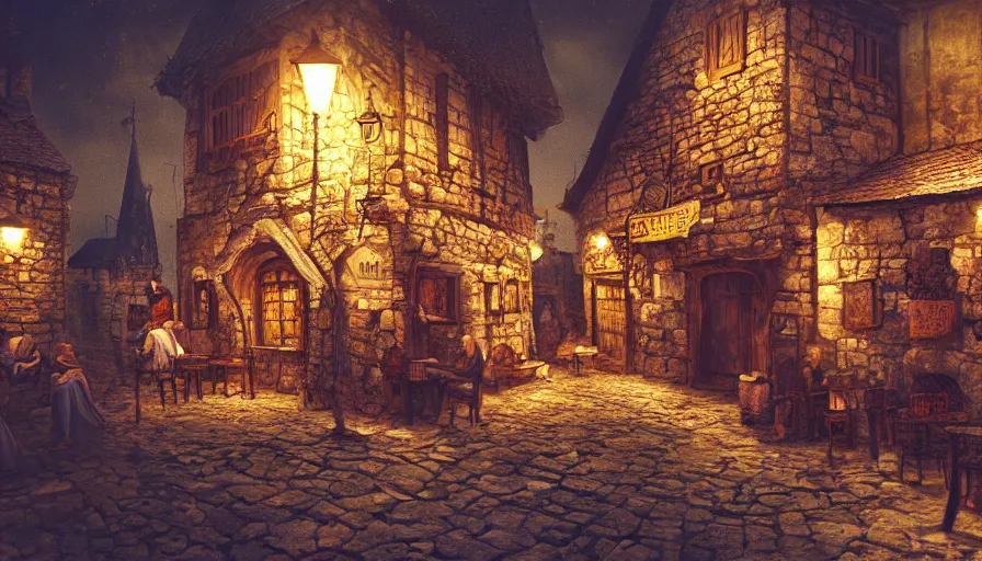 Prompt: Old medieval village at night with people drinking at the tavern paint by David Mcleod, Jason Naylor and Alberto Seveso, hyperdetailed, artstation, cgsociety, 8k