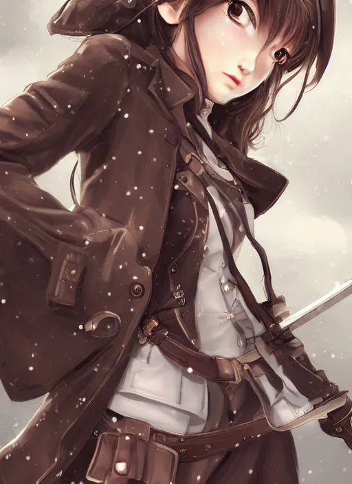 Image similar to girl with steampunk weapons and uniform, serious, intense, finely detailed, made by artgerm, full body portrait, illustration, snow, snowing, cloudy, anime, side view, perfect anime face, realistic face, zoomed out, smooth, brown eyes, high waisted shorts, sharp focus