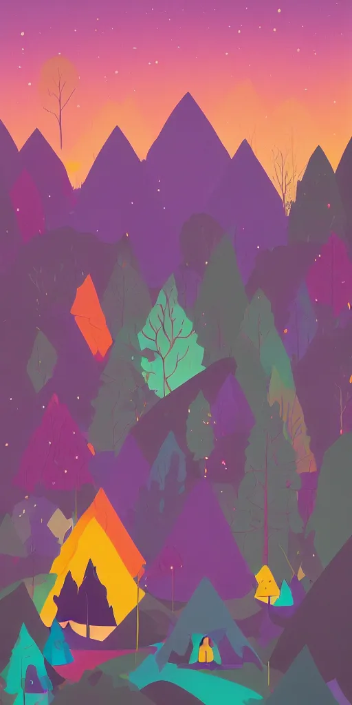 Prompt: cursed multicolored forest at night. one tent at the bottom, blues and purples. tom whalen, james gilleard, liam brazier, tristan eaton