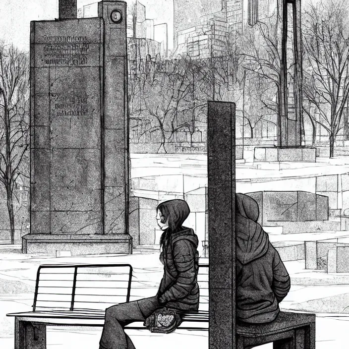 Image similar to storyboard : sadie sink in hoodie sat down on bench in ruined square, pedestrians walk by, old soviet monument nearby. scifi cyberpunk. by gabriel hardman. cinematic atmosphere, detailed and intricate, perfect anatomy