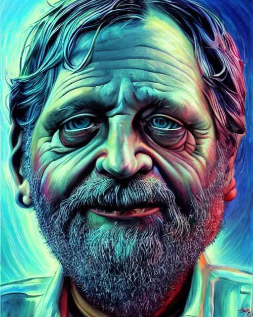 Prompt: cyborg slavoj zizek, by antonio j. manzanedo, giger, alex grey, android jones, wayne barlowe, philippe druillet, raymond swanland, cyril rolando, josephine wall, harumi hironaka, trending on artstation