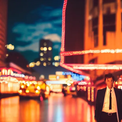 Image similar to a still of matthew mcconaughey . Shallow depth of field. City at night in background, lights, colors ,studio lighting, mood, 4K. Profession photography