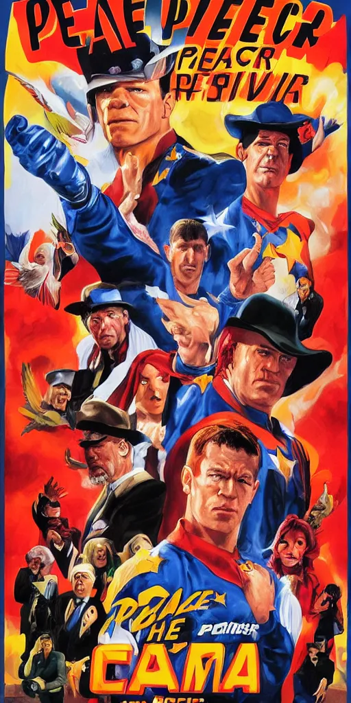 Prompt: The Peacemaker TV Show promo poster featuring John Cena as PeaceMaker and Eagly by Alex Ross, oil painting