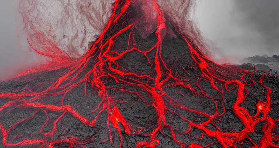 Image similar to a volcano made of ivory vines and crimson rocks enters in eruption, it spits a smoke in the shape of demonic eye, by Fortiche Studio