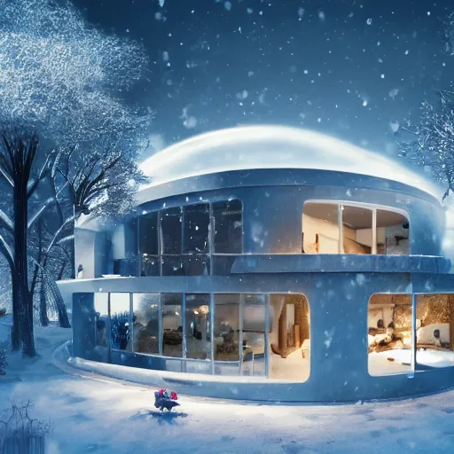 Prompt: a beautiful futuristic home in the winter????, artstation