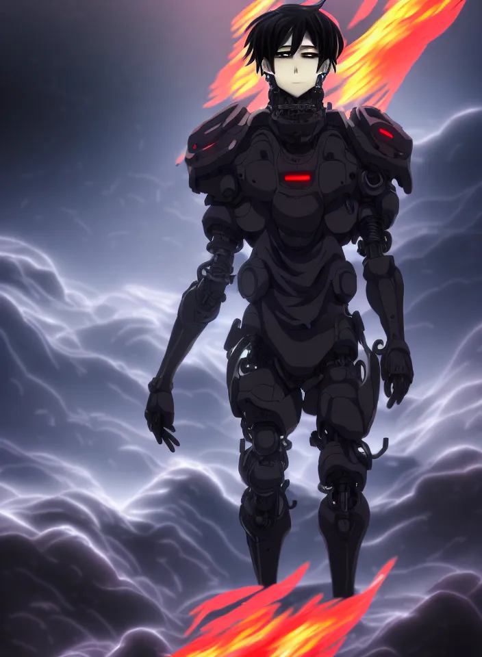 Prompt: a detailed manga illustration character full body portrait of a dark haired cyborg anime man surrounded by clouds of dark smoke and fire, trending on artstation, digital art, 4 k resolution, detailed, high quality, sharp focus, hq artwork, insane detail, concept art, character concept, character illustration, full body illustration, perfect anatomy, cinematic, volumetric lighting