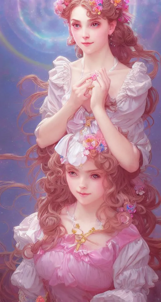 Prompt: portrait of magical lolita girl, dreamy and ethereal, pink eyes, peaceful expression, ornate frilly dress, fantasy, intricate, elegant, rainbow bubbles, highly detailed, digital painting, artstation, concept art, smooth, sharp focus, illustration, art by artgerm and greg rutkowski and alphonse mucha