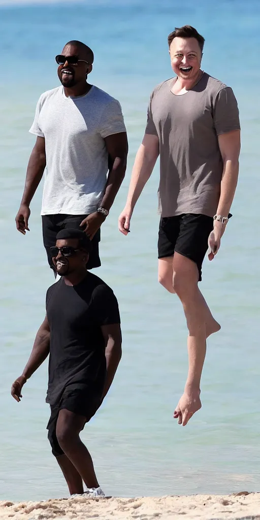 Prompt: elon musk and kanye west happy smiling laughing walking around the beach in aruba