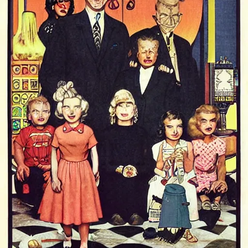 Image similar to Satani States of America, alternate history, 1959 Stepford suburban living, nuclear family, Satanic family, gothic children, drawn by Norman Rockwell