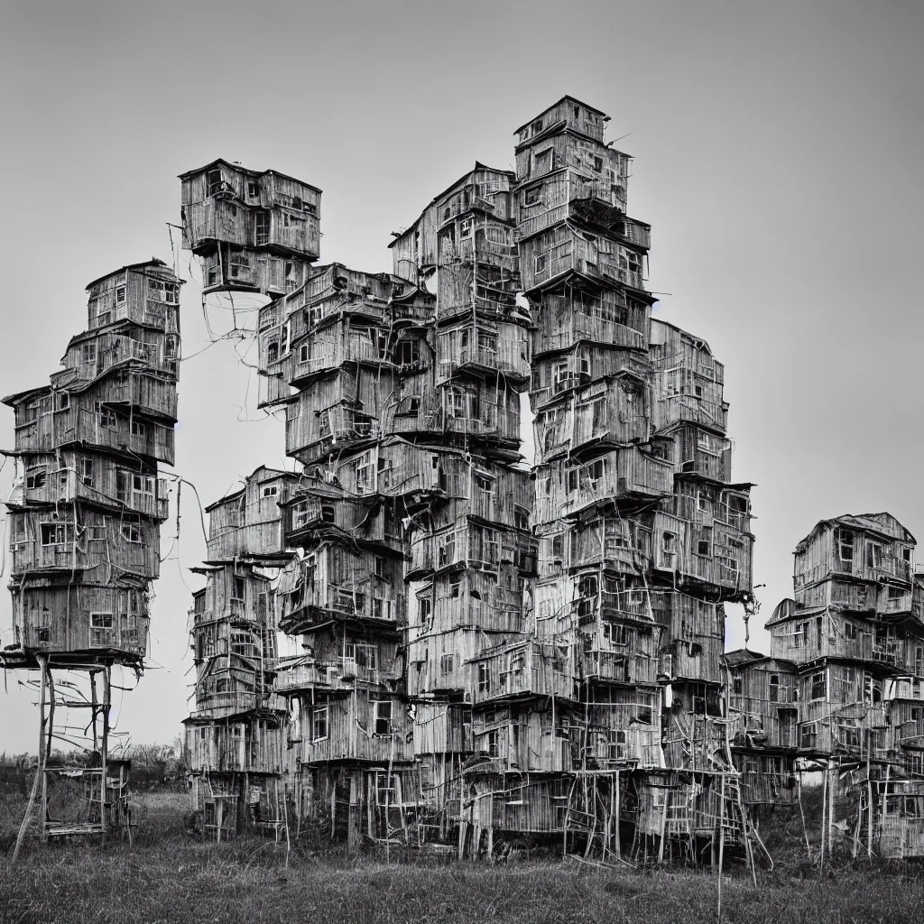 Prompt: many intertwined high towers with stacked makeshift squatter shacks, uniform plain sky, mamiya, very sharp, very detailed, photographed by cristina de middel