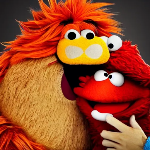 Prompt: a still of bert and elmo sharing a kiss, muppet character looking very manly and modern, hilarious, laughing, hairy chest, huge chin, manly monster tough guy, roughled fur, photo real, photographic, photograph, artstation, trending, featured