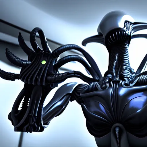 Image similar to futuristic xenomorph alien robot, highly detailed, photorealistic shot, bright studio setting, studio lighting, crisp quality and light reflections, unreal engine 5 quality render