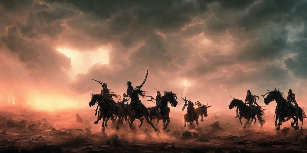 Prompt: ”five horsemen of the apocalypse riding skeleton horses towards the camera and holding up empty signs, [epic, cinematic, scary, intimidating, horror, war, battle, hell, storm clouds, lightning, octane render, 8k, mattepainting, art by wlop and paul lehr and greg rutkowski]”