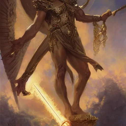 Prompt: attractive male deity casts light spell, summons attractive male lucifer morningstar. highly detailed painting by gaston bussiere, craig mullins, j. c. leyendecker 8 k