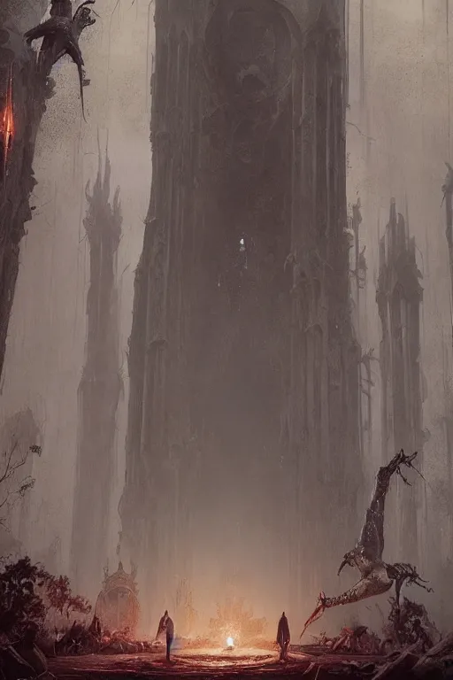 Image similar to a humanoid giant with four arms and bird feet | ruined cathedral | misty swamp | fantasy concept art by greg rutkowski