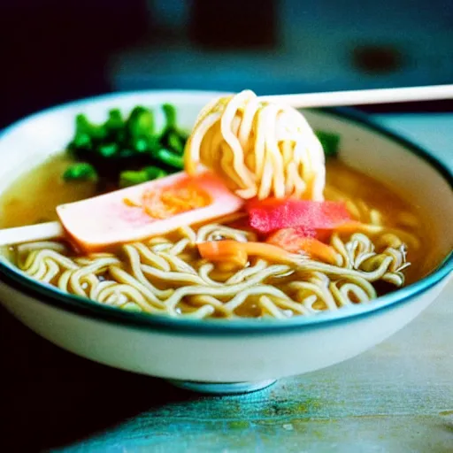 Image similar to A bowl of ramen with RCA cable noodle, 35mm film