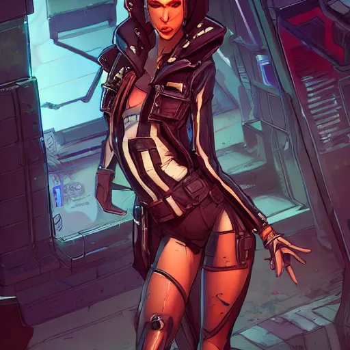 Image similar to concept art character, very high angle view, book cover, very attractive woman with full lips, slender figure, , walking in cyberpunk valley highly detailed full body, royalty, smooth, sharp focus, organic, appealing, book cover, deep shadows, borderlands 3 style, extremely fine inking lines