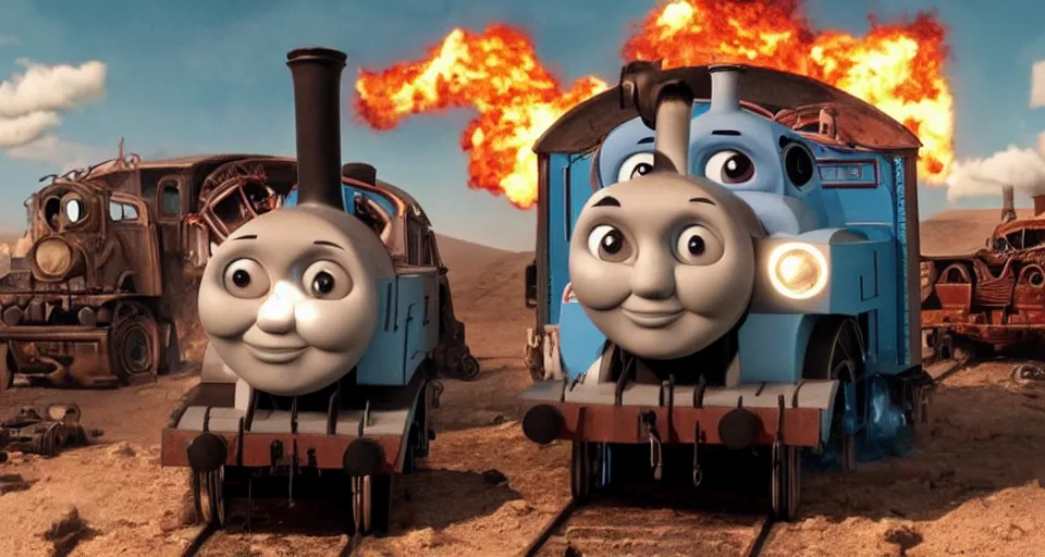 Prompt: Thomas the Tank Engine in the fiery wasteland of MAD MAX: FURY ROAD