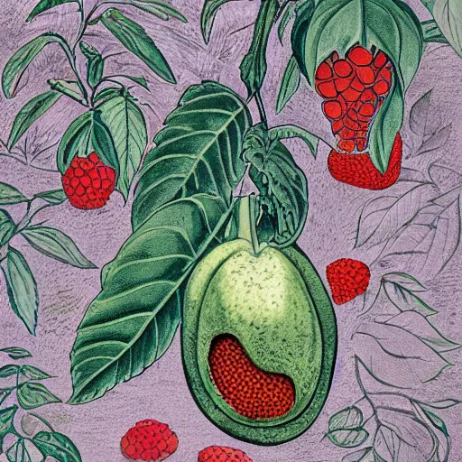 Prompt: highly detailed graphic poster depicting an avocado and a raspberry watching the world on burn with fire, done in the style of old botanical illustrations, matisse, caravaggio, basquiat, japanese art, 4 k