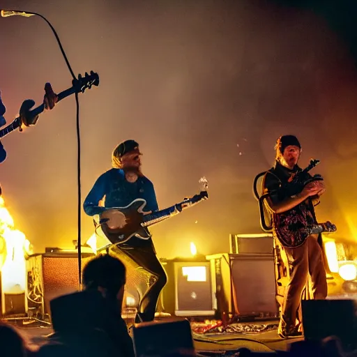 Prompt: Modest Mouse dressed like wizards playing a concert during the nuclear apocalypse, 4K, cinematic, hyperrealistic,