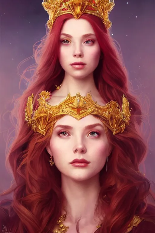Prompt: beautiful female princess with a golden tiara on her head, portrait shot, long red hair, d & d, fantasy, intricate, elegant, highly detailed, digital painting, artstation, concept art, matte, sharp focus, illustration, hearthstone, art by artgerm and greg rutkowski and alphonse mucha
