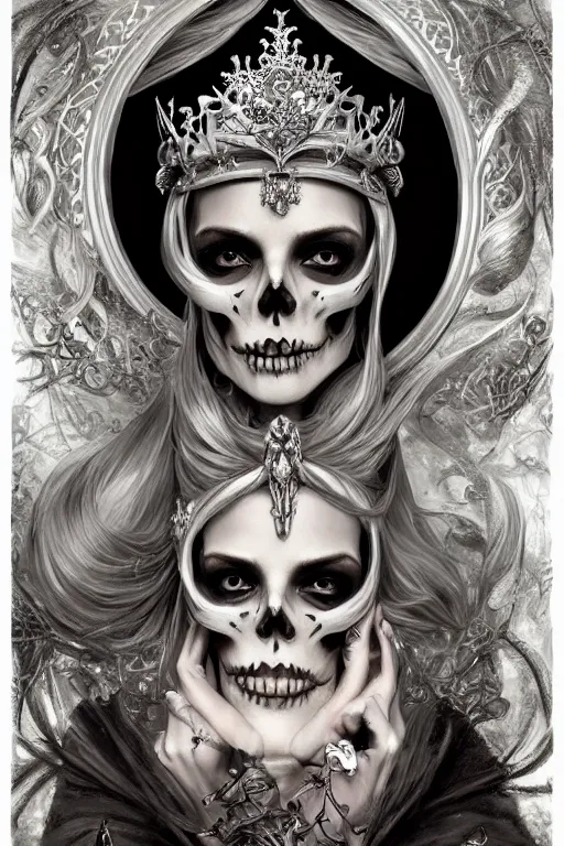 Prompt: skull queen with an origami crown, hints of silver jewelry, gothic, eerie, intricate detail, dramatic lighting, mist, grey, 4k, fantasy, intricate, very very beautiful, elegant, highly detailed, digital painting, artstation, concept art, smooth, sharp focus, illustration, art by artgerm and greg rutkowski and alphonse mucha