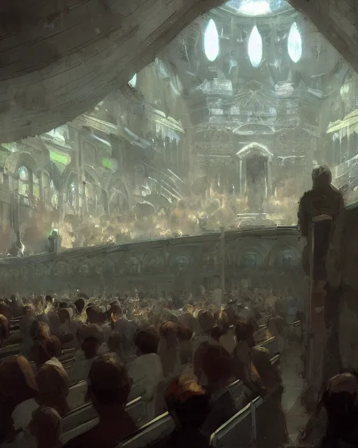 Prompt: craig mullins and ghibli digital illustration of a crowd in a futuristic church, priest, pews, ethereal, inviting, bright, photorealistic, wide shot