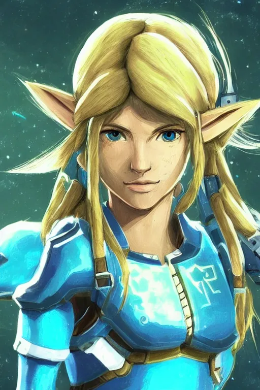 Image similar to a portrait of samus aran from the legend of zelda breath of the wild, breath of the wild art style.