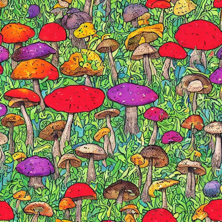 Prompt: a bunch of mushrooms that are on the ground, a jigsaw puzzle by ursula wood, pinterest contest winner, ecological art, psychedelic, colorful, i can't believe how beautiful this is, seamless pattern, tiling texture