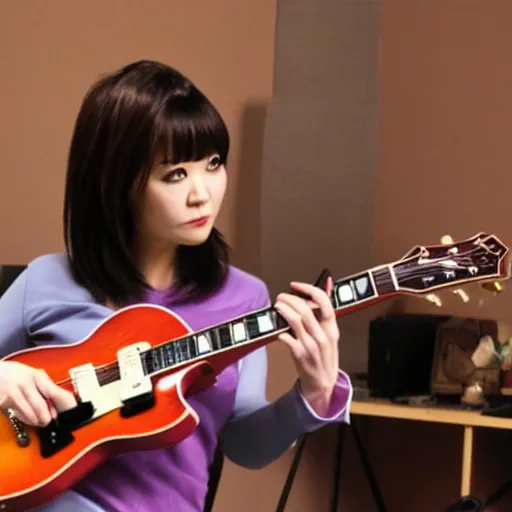 Prompt: real-life Yui Hirasawa with a Gibson Pre-'08 Les Paul Standard having fun, a still of a Japanese movie