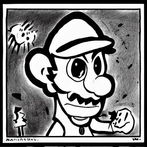 Image similar to a Pop Wonder scary horror themed goofy-hilarious-character MarioWarioWaluigi, dime-store-comic drawn with charcoal and pen and ink, half-tone-line-stacking