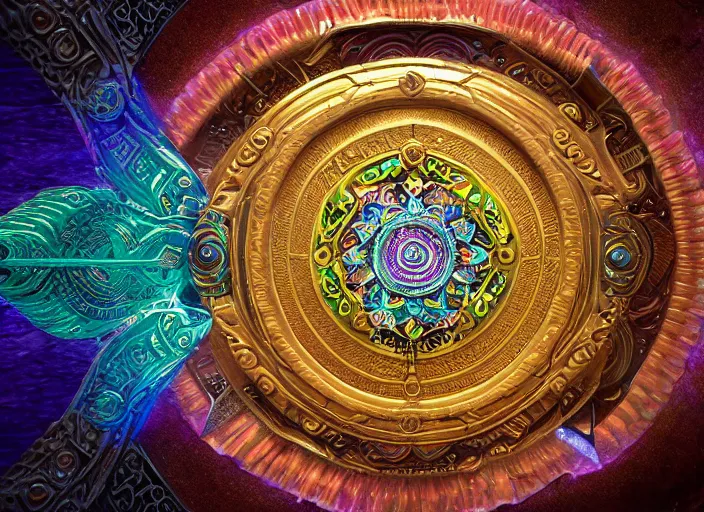 Image similar to hyperrealism, detailed textures, photorealistic 3 d render, a mystical wizard wearing a beautifully coloured tibetan kalachakra crystal mandala with sanskrit writing, sharp focus, ultra realistic, ultra high pixel detail, cinematic, intricate, cinematic light, concept art, illustration, art station, unreal engine 8 k